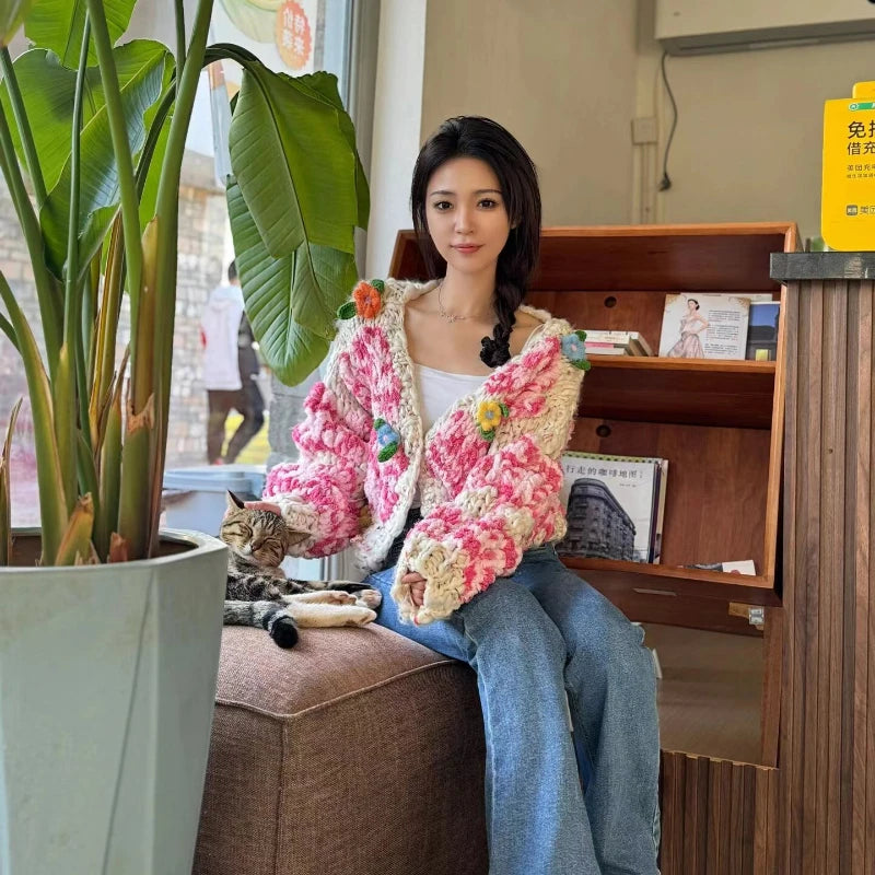 Women Multi Color Floral Handmade Warm Chunky Knit Cardigan Thick Loose Top 2023 Autumn Winter New In