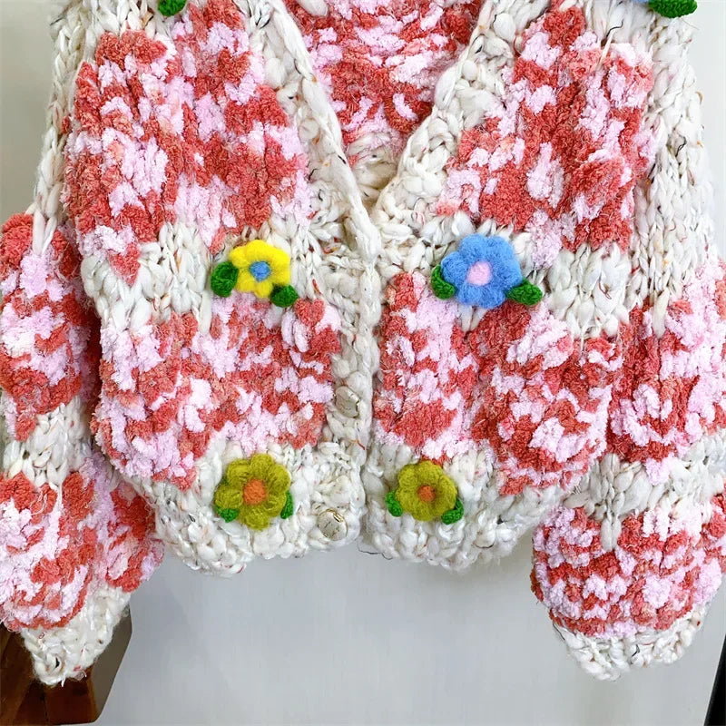 Women Multi Color Floral Handmade Warm Chunky Knit Cardigan Thick Loose Top 2023 Autumn Winter New In