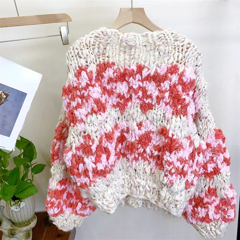 Women Multi Color Floral Handmade Warm Chunky Knit Cardigan Thick Loose Top 2023 Autumn Winter New In